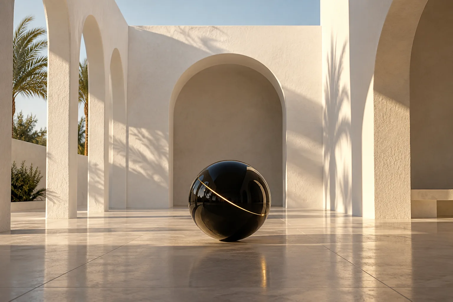 Minimal white arches inspired by Casablanca modernism, with a glossy black sphere