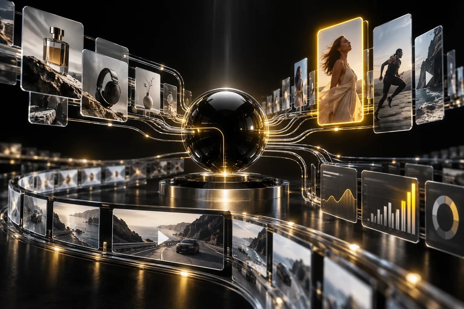 A black sphere linked by chrome lines to floating glass frames of ads, video and analytics