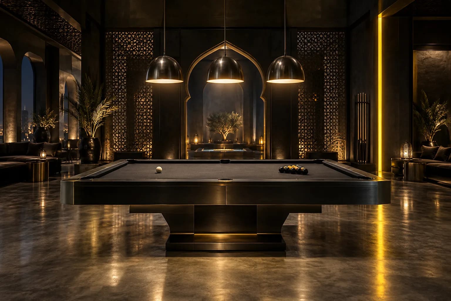 A pool table under pendant lights in a black members club with a thin yellow light strip