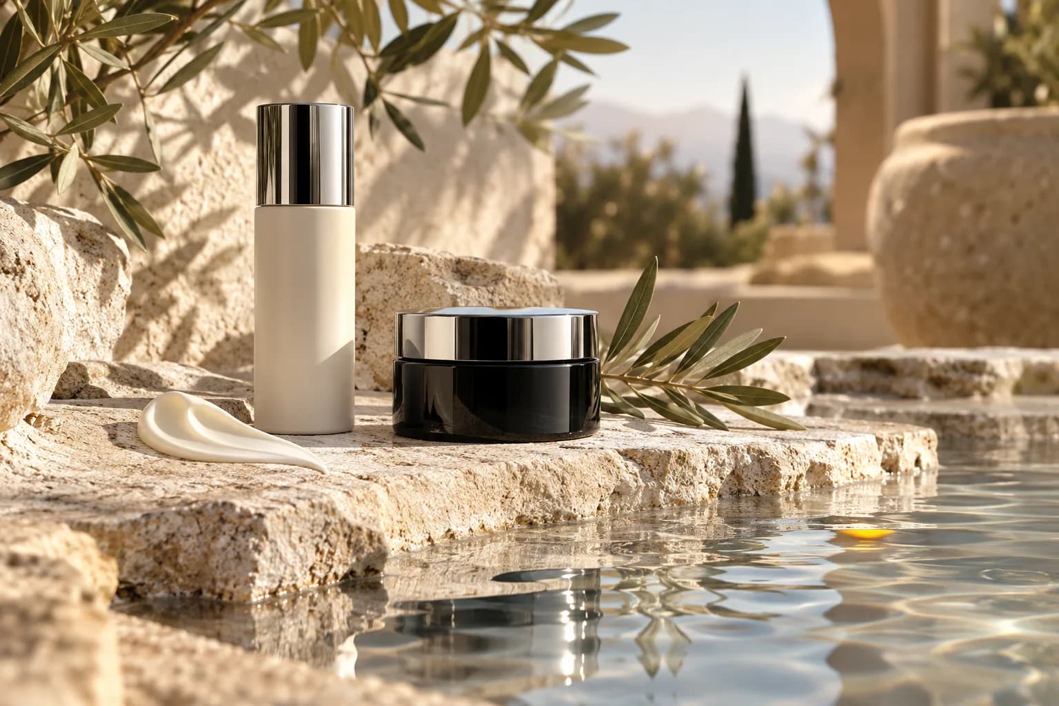 Two skincare jars on pale stone beside a shallow pool of water in warm morning light