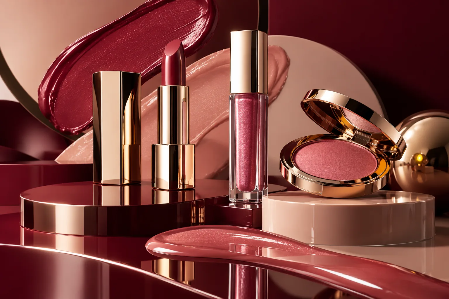 Lipstick, lip gloss and a blush compact on a glossy burgundy and nude platform