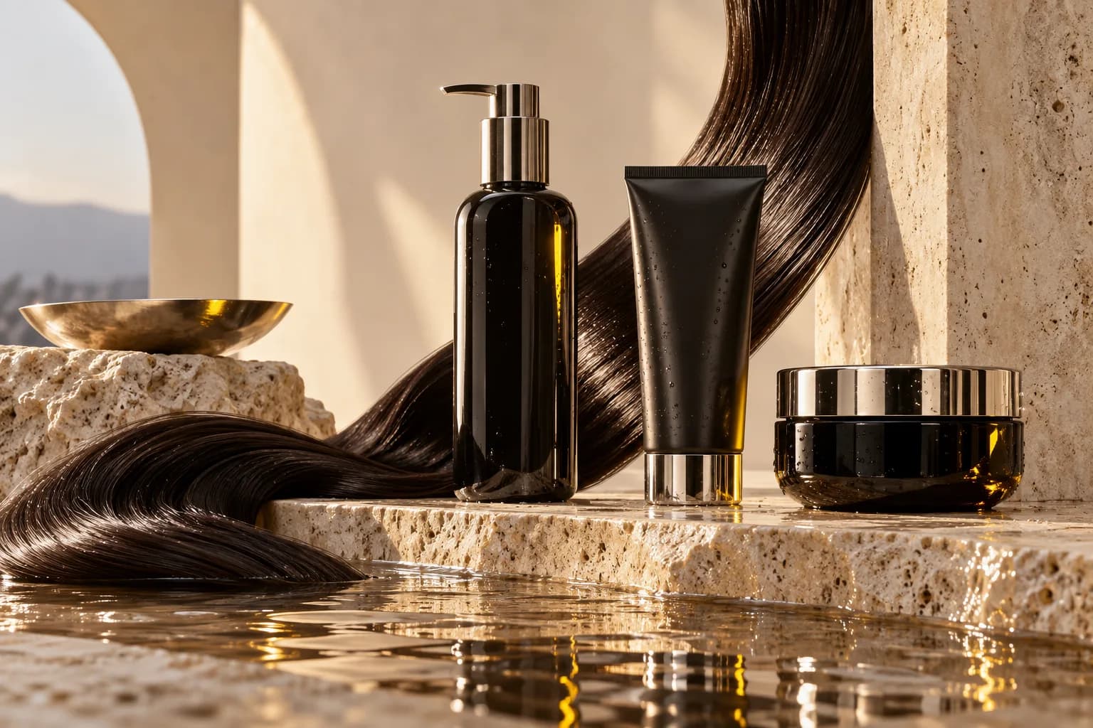 Haircare bottles on cream travertine with a curve of glossy dark hair