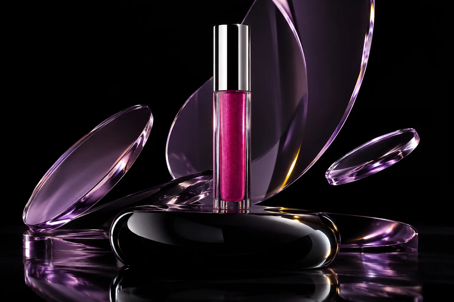 Magenta lip gloss with a chrome cap on a black pedestal among floating lilac acrylic shapes